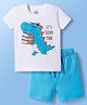 Doodle Poodle 100% Cotton Knit Half Sleeves Dino Printed T-Shirt & Shorts Night Suit Set - White & Light Blue