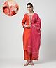 Zelena Woven Three Fourth Sleeves Floral Embroidered Maternity Kurta Pant & Dupatta Set With Front Open Nursing Access - Orange