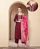 Zelena Woven Three Fourth Sleeves Floral Embroidered Maternity Kurti With Front Open Nursing Access & Pants With Dupatta Set - Plum