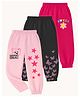 KUCHIPOO Cotton Blend Knit Pack Of 3 Stars & Butterflies Printed Joggers - Pink Black & Fuchsia