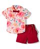 ToffyHouse Poplin Woven Half Sleeves Floral Printed Party Shirt & Shorts Set With Bow & Suspender - Dark Red