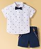 ToffyHouse Poplin Woven Half Sleeves  Shirt & Shorts Set with Bow  Suspender & Helmet Print- Navy Blue & White