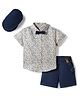 ToffyHouse Poplin Woven Half Sleeves Toile De Jouy Floral Print Shirt & Shorts Set with Bow Suspender & Cap - Navy Blue & White
