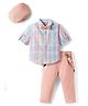 ToffyHouse Poplin Woven Full Sleeves Checked Party Shirt & Trouser Set with Suspender Bow & Cap - Pink & Blue
