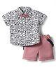 ToffyHouse Poplin Woven Half Sleeves Vehicle Printed Shirt & Shorts Set with Bow & Suspender - Rose Gold & White