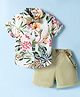 ToffyHouse Poplin Woven Half Sleeves Floral Printed Shirt & Shorts With Bow & Suspender - White & Green
