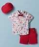 ToffyHouse Poplin Woven Half Sleeves Text Printed Shirt & Short Set with Bow Hat & Suspender - Red & White