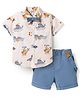 ToffyHouse Poplin Woven Half Sleeves  Shirt & Shorts Set with Bow & Suspender with Airplane Print - Blue & White