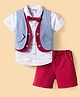 ToffyHouse Poplin Knit Half Sleeves 3 Piece Party Suit with Bow & Moustache Print - Red & White
