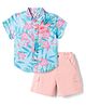 ToffyHouse Cotton Knit Half Sleeves Shirt & Shorts Set with Floral Print - Light Blue