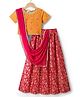 Pine Kids Woven Half Sleeves Floral Embroidered Sequinned & Foil Printed Choli & Lehenga Set With Dupatta - Red