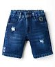 Olio Kids Knit Above Knee Length Denim Shorts With Distressed Pattern & Patch Detailing - Navy Blue