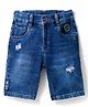 Olio Kids Knit Above Knee Length Denim Shorts With Distressed Pattern & Patch Detailing - Light Blue
