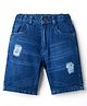 Olio Kids Knit Above Knee Length Denim Shorts With Distressed Pattern - Navy Blue
