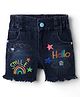 Olio Kids Denim Knit Above Knee Length Distressed Shorts with Text Print -Navy Blue