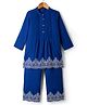 Pine Kids 100% Cotton Woven Full Sleeves Floral Embroidered Indo Western Set - Blue