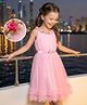 Hola Bonita Knit Sleeveless Party Dress with Belt & Glitter Mesh With Flower Lace Detail At Neck - Pink