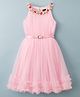 Hola Bonita Knit Sleeveless Party Dress with Belt & Glitter Mesh With Flower Lace Detail At Neck - Pink