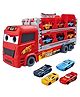 NEGOCIO Cars Theme Big Hauler Storage & Deform Transport Truck Toy with 2 Foldable Ejection Race Track & 4 Pcs Die cast Cars for Kids- PACK OF 1- COLOR MAY VARY