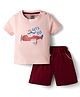Mini Taurus Interlock Knit Half Sleeves Aeroplane Embroidery & Bear Printed T-Shirt & Shorts Set - Peach