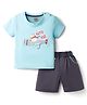 Mini Taurus Interlock Knit Half Sleeves Aeroplane Embroidery & Bear Printed T-Shirt & Shorts Set - Light Blue
