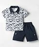 Mini Taurus Sinker Knit Half Sleeves Printed T-Shirt & Shorts Set - Navy Blue