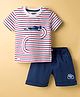 Mini Taurus Interlock Knit Half Sleeves Striped T-Shirt  & Shorts Set with Car Print - Navy Blue