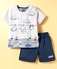 Mini Taurus Interlock Woven Half Sleeves T-Shirt & Shorts Set with Animal Print - Navy Blue