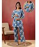 CRAFIQA Cotton Woven Three Fourth Sleeves Floral Printed Coordinating Maternity Kurti & Pant Set With Side Nursing Access - Blue