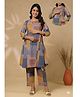 CRAFIQA Cotton Woven Three Fourth Sleeves Abstract Printed Maternity Kurti With Side Zipper Nursing Access & Coordinating Pant Set - Blue