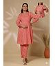 CRAFIQA Cotton Woven Three Fourth Sleeves Striped Maternity Kurti With Side Zipper Nursing Access & Coordinating Pant Set - Peach