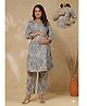 CRAFIQA Cotton Woven Three Fourth Sleeves Leaves Printed Maternity Kurti With Side Zipper Nursing Access & Coordinating Pant Set - Grey