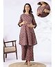 CRAFIQA Cotton Woven Three Fourth Sleeves Abstract Printed Maternity Kurti With Side Zipper Nursing Access & Coordinating Pant Set - Grey
