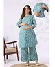 CRAFIQA Cotton Woven Three Fourth Sleeves Abstract Printed Coordinating Maternity Kurti & Pants Set With Side Zipper Nursing Access - Teal