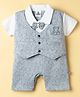Mini Taurus Interlock Knit Half Sleeves Printed Party Romper With Teddy Bear Embroidery & Bow Applique - Grey