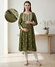 Bella Mama Woven Three Fourth Sleeves Maternity Kurta With Floral Embroidery & Printed Yoke - Olive Green
