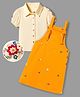 Ollington St. Cotton Knit Printed Pinafore & Half Sleeve Shirt Top With Floral Embroidery- Mustard & Off White