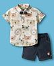 Dapper Dudes Half Sleeves Animal Faces Printed Shirt & Shorts Set With Bow - Cream