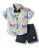 Dapper Dudes Half Sleeves Animal Faces Printed Shirt & Shorts Set With Bow - Grey