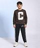 Hrit Fleece Knit Full Sleeves Creative Printed Winter Sweatshirt & Joggers Set - Brown & Black