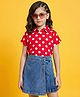 OLLINGTON ST. Cotton Knit Half Sleeve Polka Dot Printed Top & Stretchable Denim Skorts Set - Red & Blue
