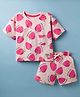 CUCUMBER Knit Half Sleeves T-Shirt & Shorts Co-ord Night Suit With Strawberry Print - Baby Pink