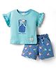 CUCUMBER Knitted Half Sleeves Top & Shorts Night Suit With Floral Print - Light Blue