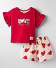 CUCUMBER Knitted Half Sleeves Top & Shorts Night Suit With Heart Print - Dark Red