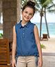 Pine Kids Cotton Woven Sleeveless Solid Colour Top with Knot - Blue