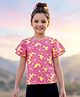 Pine Kids Cotton Knit Half Flutter Sleeves Floral Printed Top - Pink & Yellow