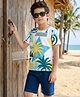 OLLINGTON ST. Cotton Knit Half Sleeve Beach Theme Printed T- Shirt & Stretchable Denim Shorts Set - Multicolour & Blue