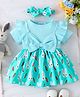Mark & Mia Half Sleeves Bunny Printed Frock Style Onesie with Bow Applique & Headband - Blue