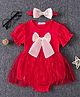 Mark & Mia Half Puffed Sleeves Frock Style Onesie with Headband & Bow Applique - Red