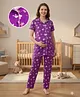 Bella Mama 100% Cotton Knit Half Sleeves Bunny & Floral Printed Co-Ords Nursing Night Suit - Purple